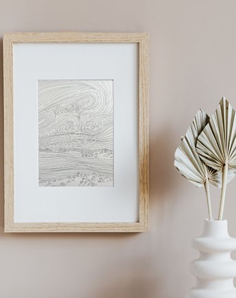 Rysunek cienkopis Krajobraz pejzaż góry chmury oryginalny 20x30 cm, Kwitnace