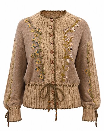 Kardigan beżowy haftowany ręcznie, rozmiar L/XL, Z drugiej nitki