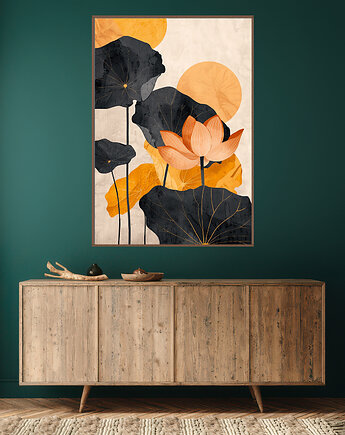 Liście lotusu - Plakat, druk - Chiński Orient, Harmonia Zen, Wabi Sabi #114, Black Sapphire Art