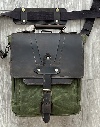 Torba-plecak ze skóry i bawełny woskowanej zielono-brązowa., Rkabags