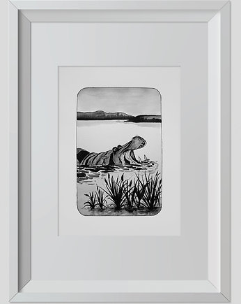 Rysunek Hipopotam Grafika 32x24cm + biała rama, ŁUKASZ KROKOSZ ART