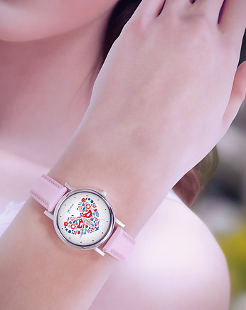 Zegarek  mały - Folkowe ptaszki - skórzany, pudrowy róż, yenoo