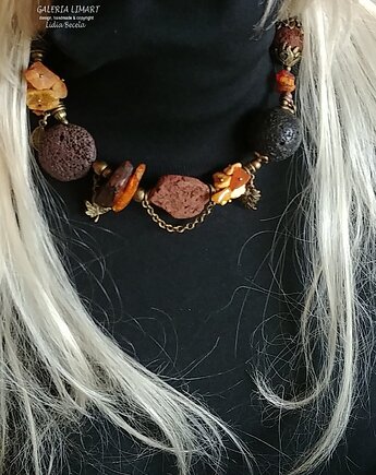 Ekskluzywny naszyjnik z mixu bursztynu i lawy elegancki handmade PREZENT lux, Galeria Limart