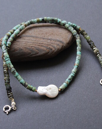 Naszyjnica z turkusem, zielonym turmalinem i perłą, fado