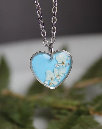 Srebrny wisiorek prawdziwe kwiaty niebieska zawieszka serce serduszko, zkwiatem