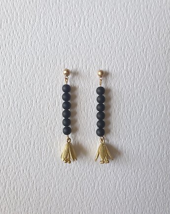 Kolczyki GARDEN OF EDEN  czarny turmalin, mosiądz, kwiat lotosu złoty, modesign