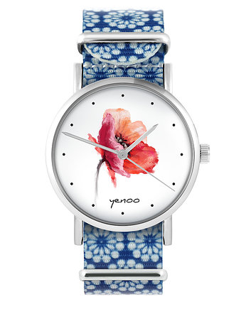 Zegarek - Mak - niebieski, kwiaty, yenoo