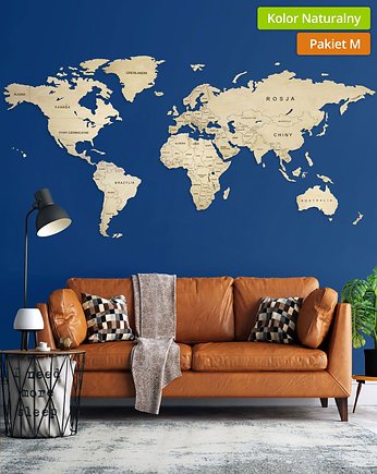 Drewniana Mapa Świata z podpisami państw, kolor Naturalny  M, Sikorkanet