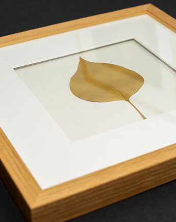 Złoty Liść Bzu. Naturalny Dekor Ścienny. Drewniana Ramka Dąb 20x20cm, Kuźnia Obrazów
