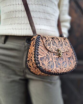 Torebka skórzana Julia beżowa kwiaty ręcznie robiona, SempreArte