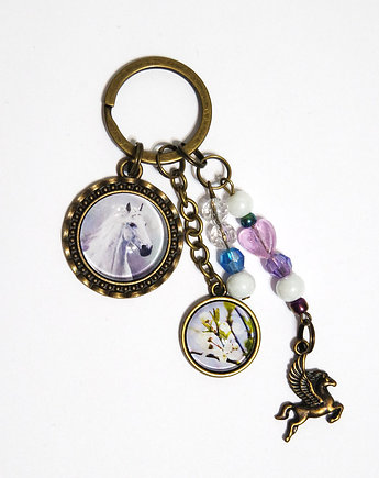 Breloczek - Biały koń, kwiaty, pegaz, yenoo