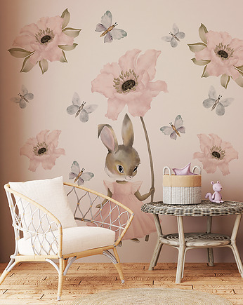 Pastelowy Króliczek Kwiaty Motyle XXL - Naklejki Na Ścianę Dla Dzieci, OSOBY - Prezent dla dwulatka