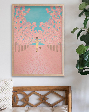 Kwitnące wiśnie - spacer z psem - plakat fine art, minimalmill