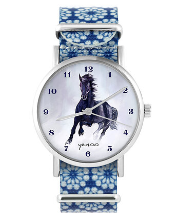 Zegarek - Czarny koń cyfry - niebieski, kwiaty, yenoo