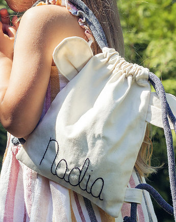 Bawełniany mini plecak miś z imieniem Nadia, raspberi