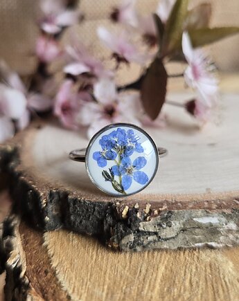 Wieczny kwiat pierścionek srebrny gipsówka niezapominajki, zkwiatem