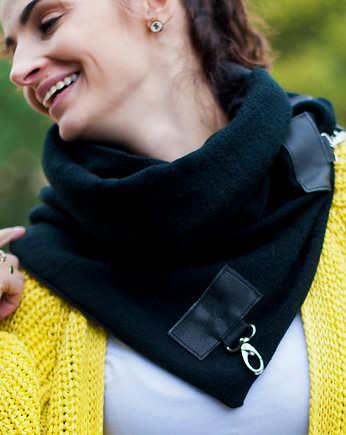 Szal wełniany ze skórą, Komin Unisex - Czarny, Green Sheep