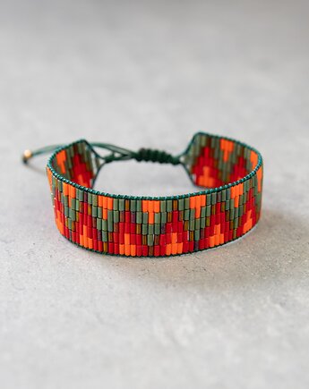 Bransoletka etniczna szeroka zielono-pomarańczowo-czerwona, Tauriel Design