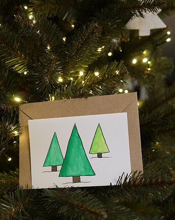 Kartka Świąteczna Trzy Choinki, akwarela., decotyw