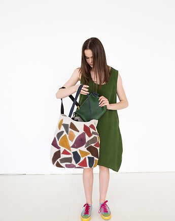 Torba lniana, skórzane detale, torba plażowa, NavahoClothing