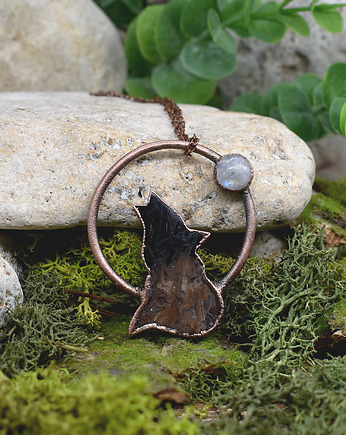 Miedziany wisiorek z agatem palmowym i k. księżycowym / wilk, Spirit Of Copper