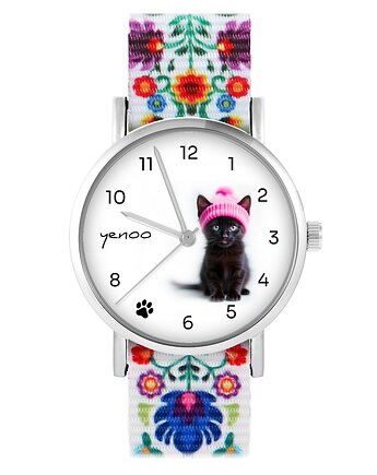 Zegarek - Czarny kotek - folk biały, nylonowy, yenoo