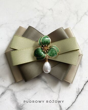 Brosza z zielonym Kwiatem i perłą Nowość, Pudrowy Różowy