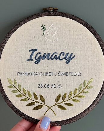 Tamborek haftowany, metryczka, pamiątka Chrztu Świętego, Boski Haft