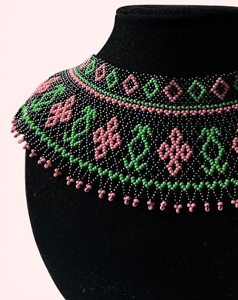 Naszyjnik koralikowy w stylu Łemkowskim, kwiatowy wzór, ręcznie robiony, ArtGez