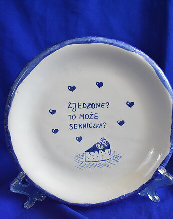 Talerz ceramiczny na ciasto  "Zjedzone? To może serniczka?", Kobaltowa Sroka