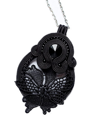 Czarny naszyjnik soutache z koronkowym kwiatem, Mró Soutache