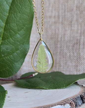 Złoty wisiorek prawdziwe kwiaty paproć, zkwiatem