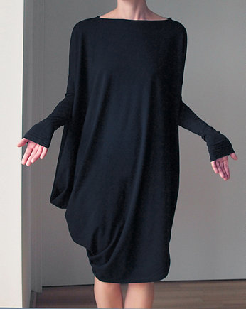 Sukienka długi rękaw asymetria Czarna, OKAZJE - Prezent na Święta
