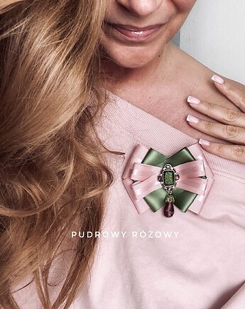 Brosza z artystyczną ozdobą, zielonym kryształkiem New, Pudrowy Różowy