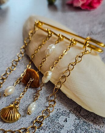 Broszka agrafka, perła i bursztyn, Figa handmade accessories