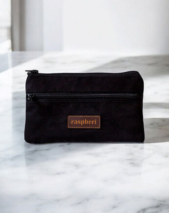 Czarny portfel z nubuku, raspberi