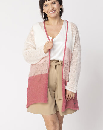 Sweter wełniany w pasy - kardigan damski Pudrowy róż, YOU by Tokarska