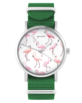 Zegarek - Flamingi - zielony, nylonowy, yenoo