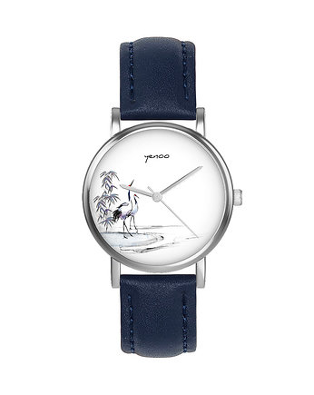 Zegarek  mały - Żurawie sumi-e - skórzany, granatowy, yenoo