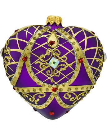Bombka choinkowa: Serce ze złotymi zdobieniami i kryształkami: purpurowe, Syn Bombkarza