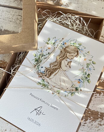 Kartka komunijna ręcznie robiona z imieniem od matki chrzestnej, sorte