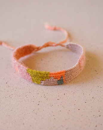 Kolorowa bransoletka tkana z muliny i włóczki na sznurku, Słońcem Tkane