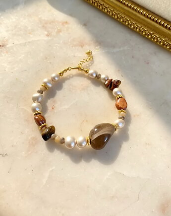 Bransoletka naturalne perły, minerały- stal szlachetna 316 pozłacana, Coccola JEWELLERY