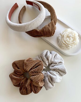 Zestaw 2 sztruksowych scrunchies Hazelnut & Off White, Volie Line