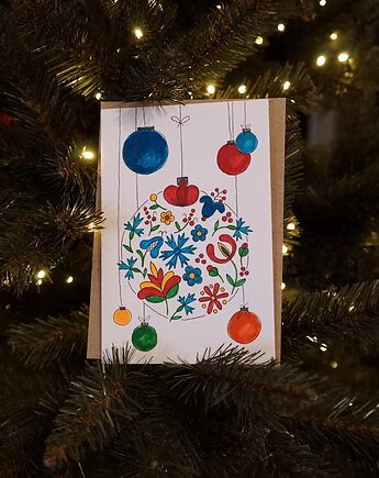 Kartka Świąteczna Bombka kociewska, akwarela., decotyw