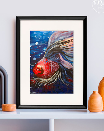 Deep Sea Fish - ręcznie malowana praca akrylowa na papierze, oprawiona, MOCO DECO Studio
