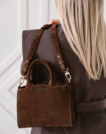 GLAM BAG - skórzana torebka - zamszowa - brąz, NASHE