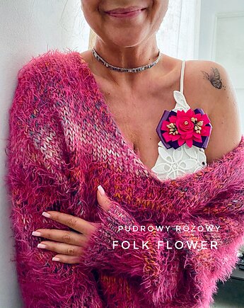 Brosza z kolekcji FOLK Flowers z kolorowym kwiatem New, Pudrowy Różowy