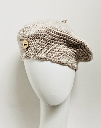 Klasyczny beret francuski z antenką szydełkowy beżowy, OSOBY - Prezent dla babci