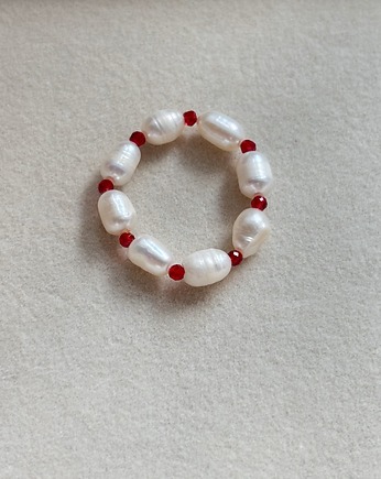 Pierścionek elastyczny Perły Naturalne i Agat czerwony, Chmolowska Jewellery